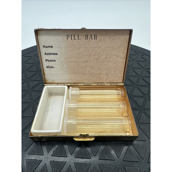 Vintage Pill Bar Box Fall Trees Bird With Bottles Gold Metal - Picture 3 of 9